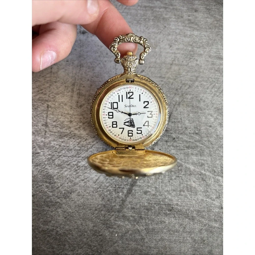 Spaltec Automatic Pocket Watch Gold Tone White Dial Train Motif Mechanical Mens